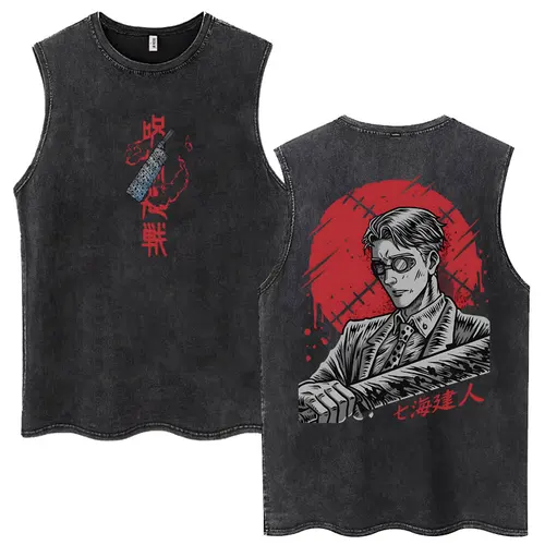 Imagen 2 del producto Camisetas sin mangas Vintage de Anime Jujutsu Kaisen Satoru Gojo para hombre y mujer, Camiseta clásica de Manga de algodón, camiseta holgada sin mangas a la moda