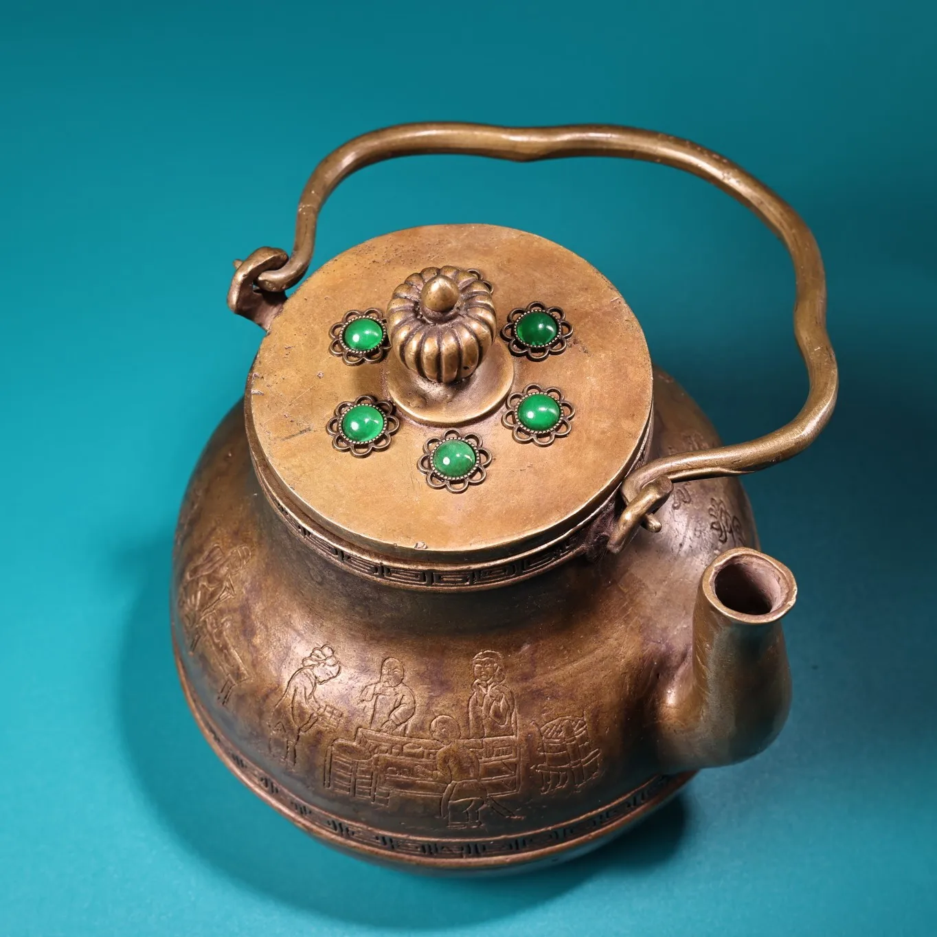 Temple Collection Old Bronze Cinnabar Mosaic Gem Engraving  Being content and always happy  Pot Kettle Teapot