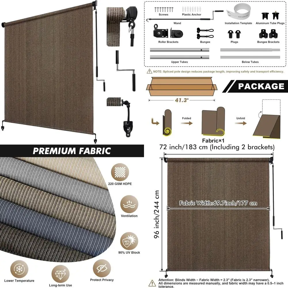 

6' Wide x 8' High Cordless Outdoor Mocha Roll-Up Patio Shade with Spliced Pole Design