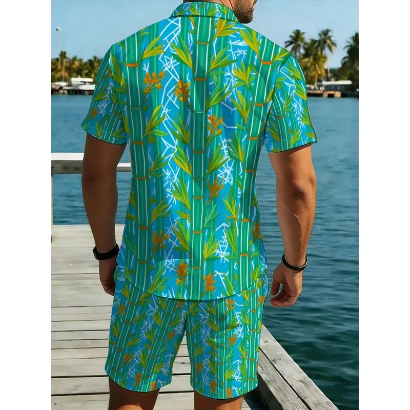 Men's Tropical Leaf Print Shirt Short Set Polyester Beachwear Vacation Casual Holiday Outfit Bright Green Comfortable Breathable view 2
