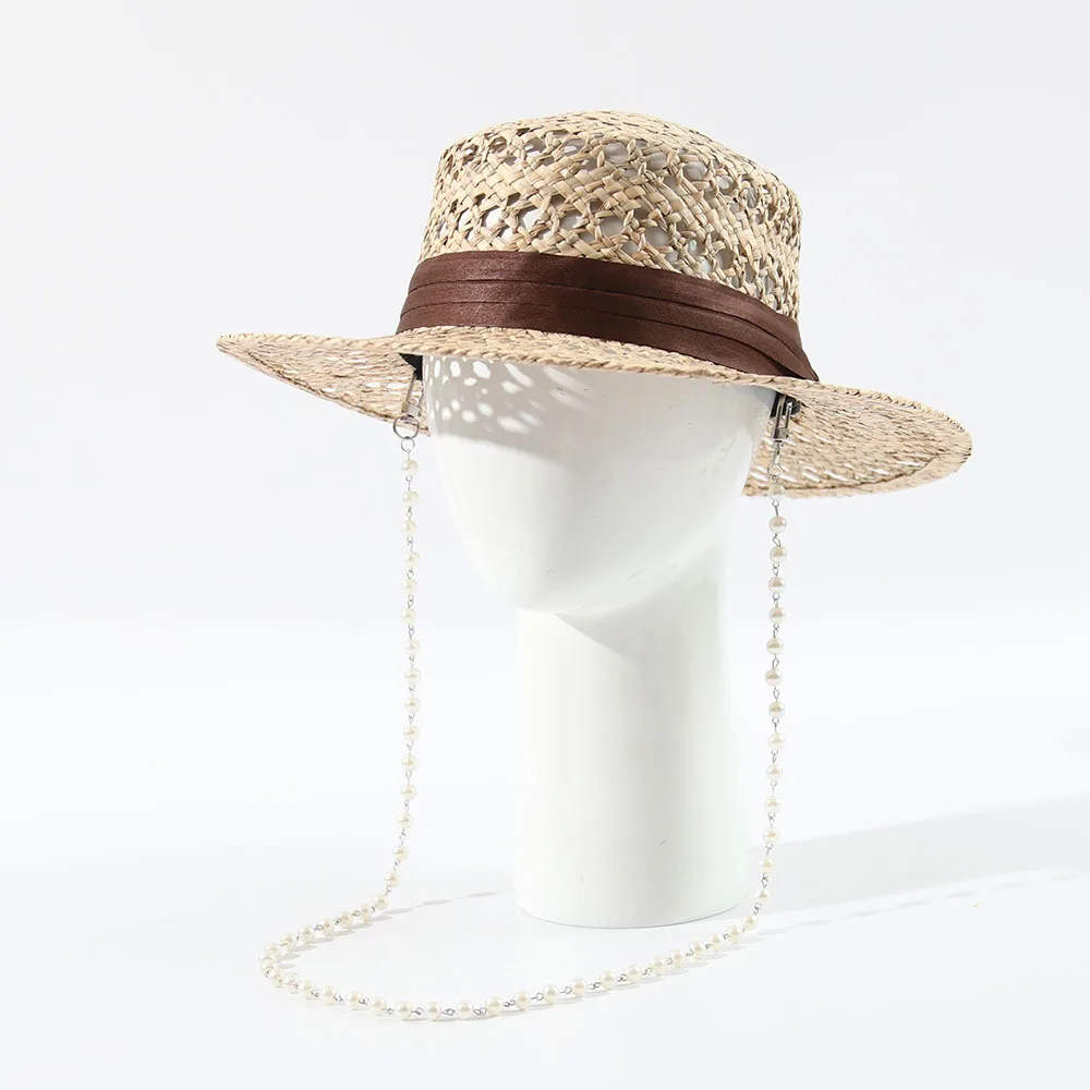 European Pearl Chain Straw Hat, Handmade Hollow Sun Cap with Rush Grass, UV Protection Beach Hat