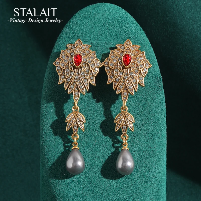 

Vintage Jewellery High Quality Red Rhinestones Flower Earrings With Pearl Dangle Drop Aesthetic Accessories For Women Wedding