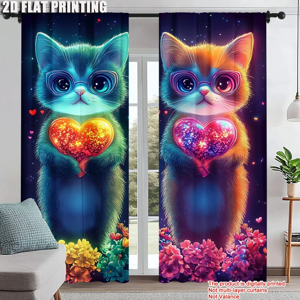 

2Pcs Colorful Dream Cat Printed Window Curtain Rod Pocket Window Treatment For Bedroom Office Kitchen Living Room Study Home