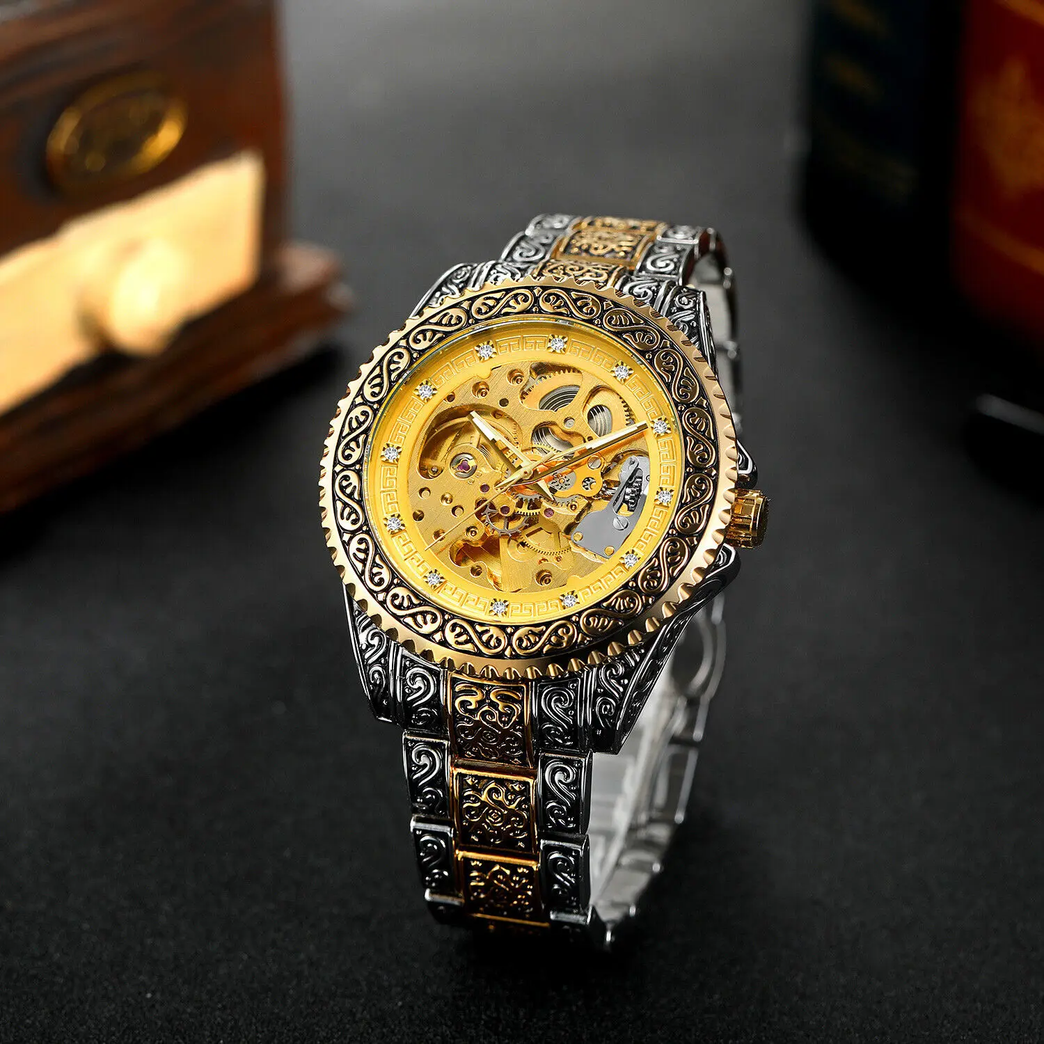 FORSINING Men\'s Luxury Diamond Carved Skeleton Automatic Self Wind Mechanical Wrist Watch Nice Gift