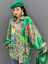 Vefadisa 2024 Summer New Green Red Printed  Long Sleeved Blouse Heavy Industry Nail Diamond Lantern Sleeve Women Shirt HLX081