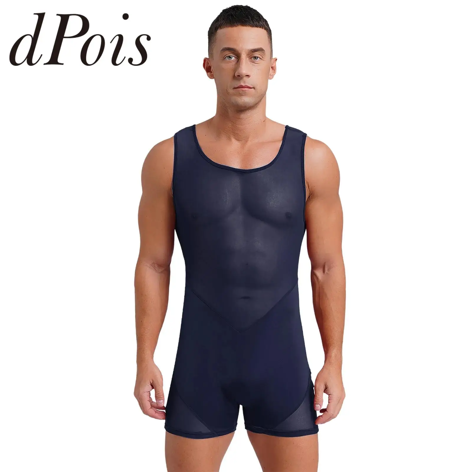 

Men's Swimsuit Sleeveless Mesh One Piece Breathable Swimwear Unitard Jumpsuit for Fitness Wrestling Leotard Gymnastics Bodysuit