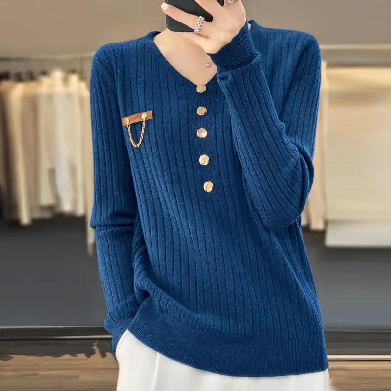 V Neck Button Patchwork All-match Pullovers Top Spring Autumn Long Sleeve Solid Elegant Sweaters Vintage Fashion Women Clothing