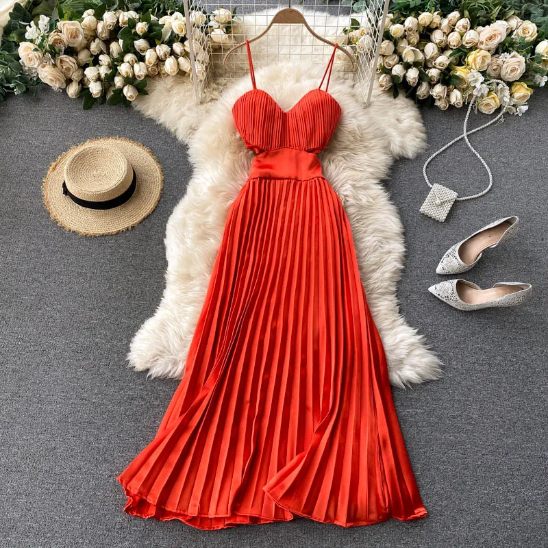 2023 New Summer Women Beach Vacation Sexy Backless Spaghetti Strap Dress Fashion Solid Color Miyake Pleated Long Dress