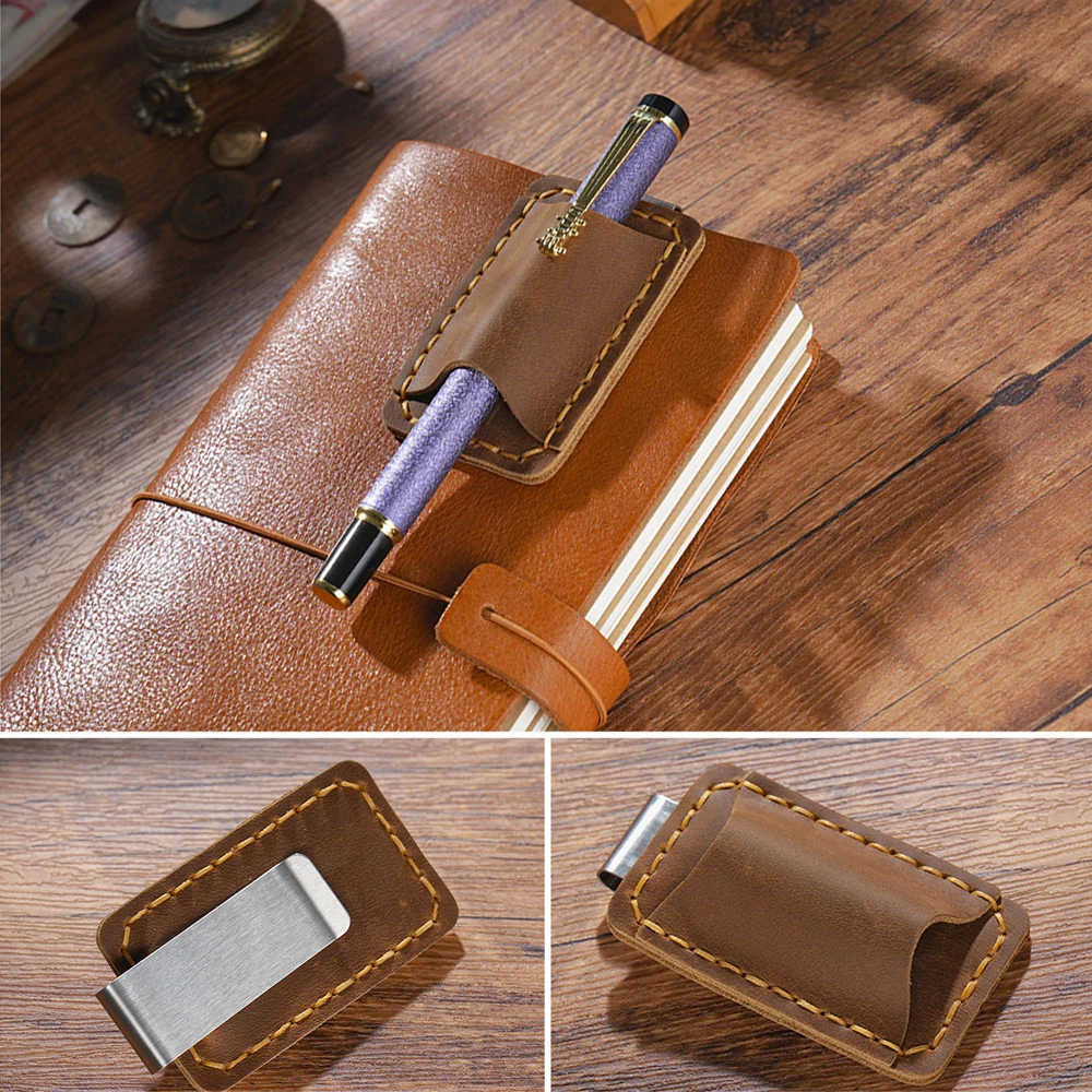 Leather Notebook Pen Holder with Clip Bookmark Book Accessories Convenient Portable Travel Supplies Office School Stationery