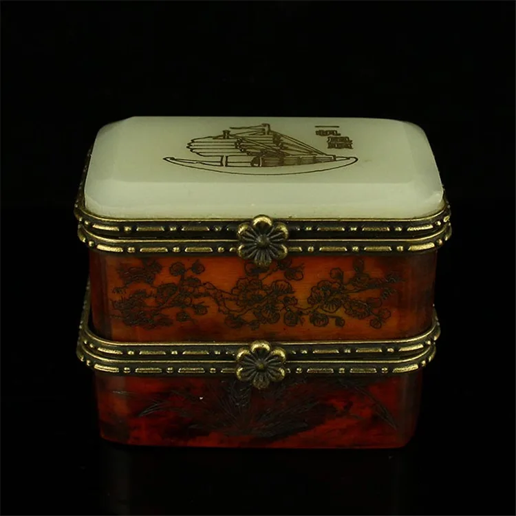 White Marble jewelry old cow bone inlaid with white jade carving, double-layer rouge box, plain sailing pattern