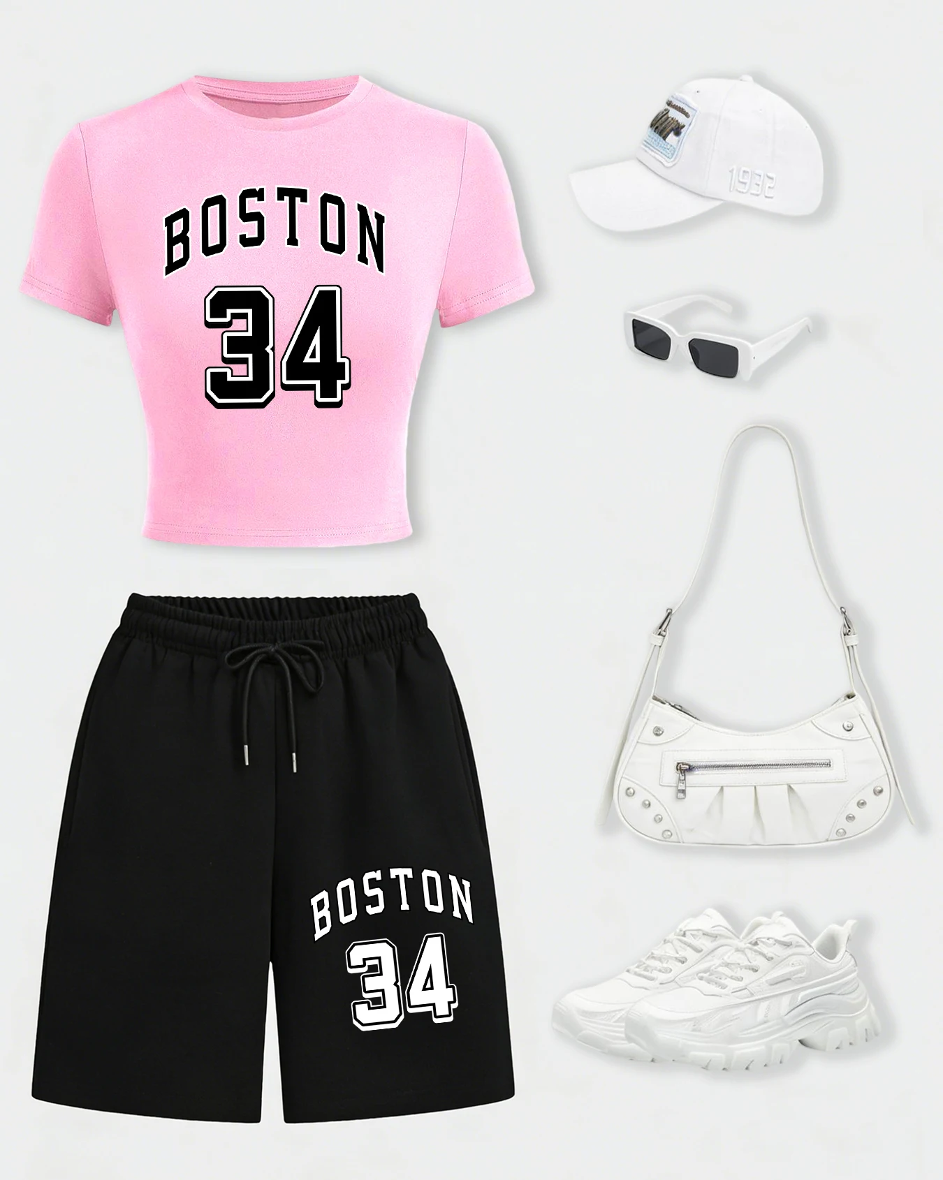 

Boston 34 Art Letter Print T-Shirt Sets Womens Breathable Wide-Leg Shorts Cotton O-Neck Streetwear Summer Y2K Black Pant