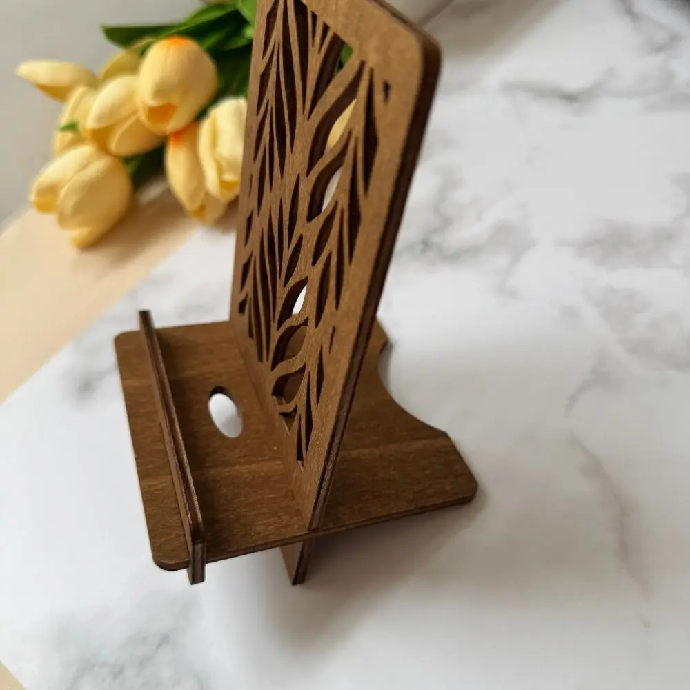 Hollow Desktop Phone Holder Leaves Pattern Boxwood Stand Bracket with Charging Port Stable Cellphone Standing Home