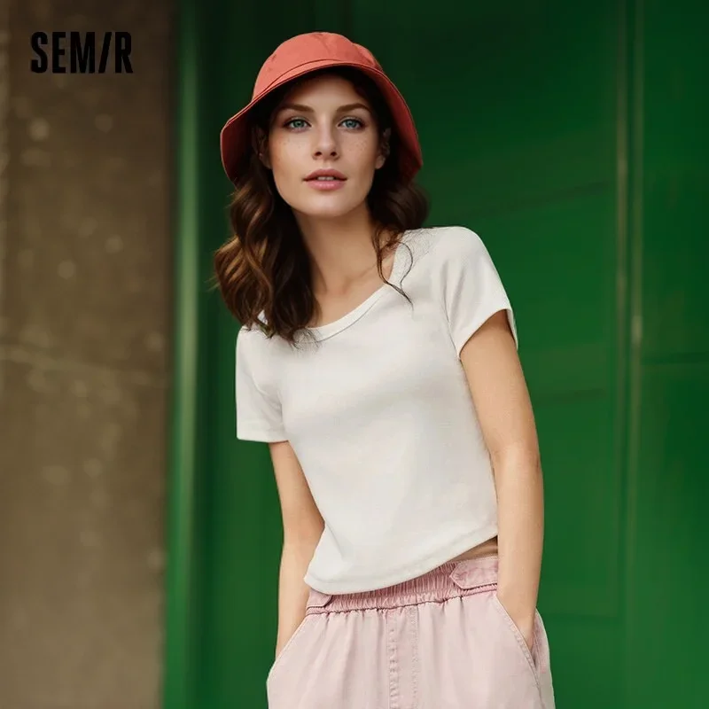 Semir Short-Sleeved T-Shirt For Women Short And Versatile Solid Color New In 2024 Summer Slim Fit With A Large Round Neck Top