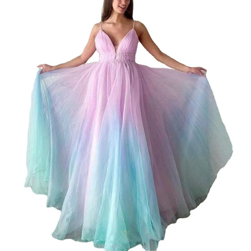 

Rainbow Dresses Maternity Photography Props Tulle Gown For Pregnancy Shooting Mesh Women's Tutu Dress V-Neck Maternity Clothes