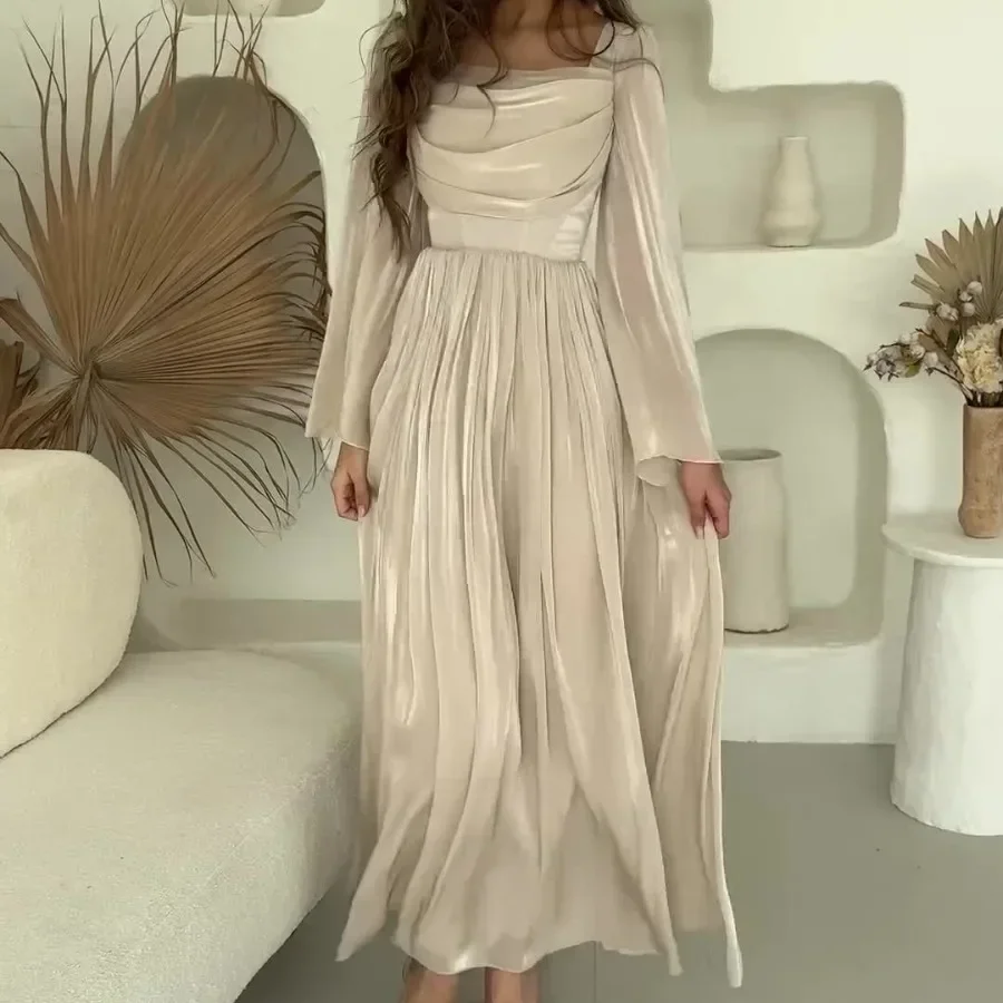 Party Dress Women Long Dresses Elegant Splice Square Collar Pleated Casual Slim Prom Pleated High Waist Full Sleeve Vestidos