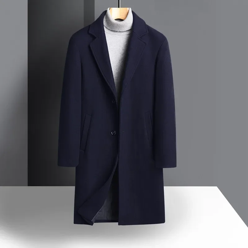 

New Middle-Aged Men Business Casual Fashion Suit Collar Long Wool Outwear Solid Color Large Size Coat Male Woolen Overcoat 2024