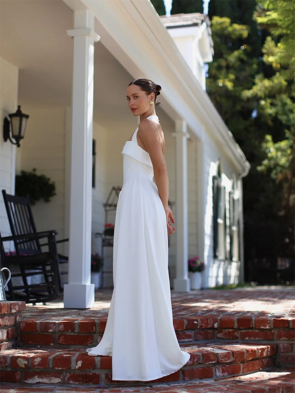 Kyoto Aangepaste Witte Eenvoudige Halter A-lijn Trouwjurk Elegante Mouwloze vestidos de noche Vloerlengte Formele Avond 2025