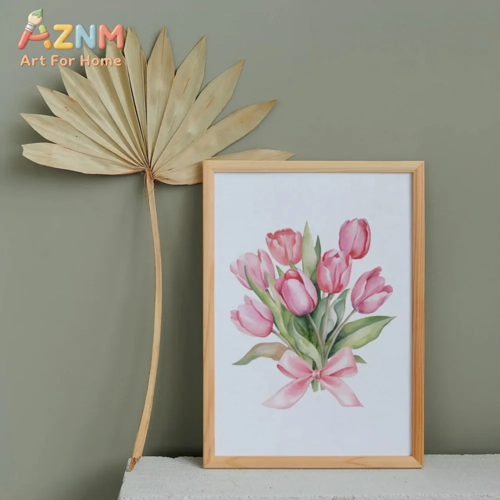 Tulip Duo Artwork, Pink Bow Wall Decoration, Pink Interior Design, Frameless Watercolor Wall Art, Living Room Bedroom Decoration