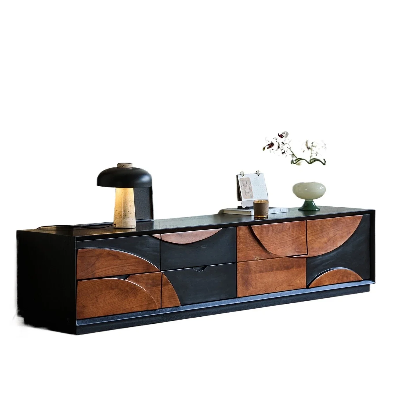 French cherry wood antique design engraving solid wood art contrasting color storage small apartment furniture TV cabinet
