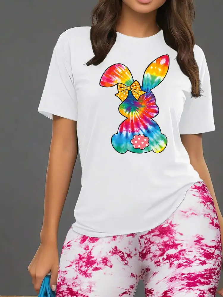 

Cute Rabbit Printing Women T Shirts Two Piece Set Fashion Novel Floral Shorts Sets Breathable Soft New T-Shirt Shorts Female