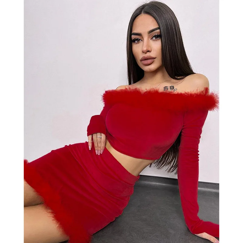 

BKLD 2 Piece Sets Women Outfit 2024 Winter New Plush Patchwork Off The Shoulder Crop Top Fashion Velvet Wrap Hip Mini Skirt Set