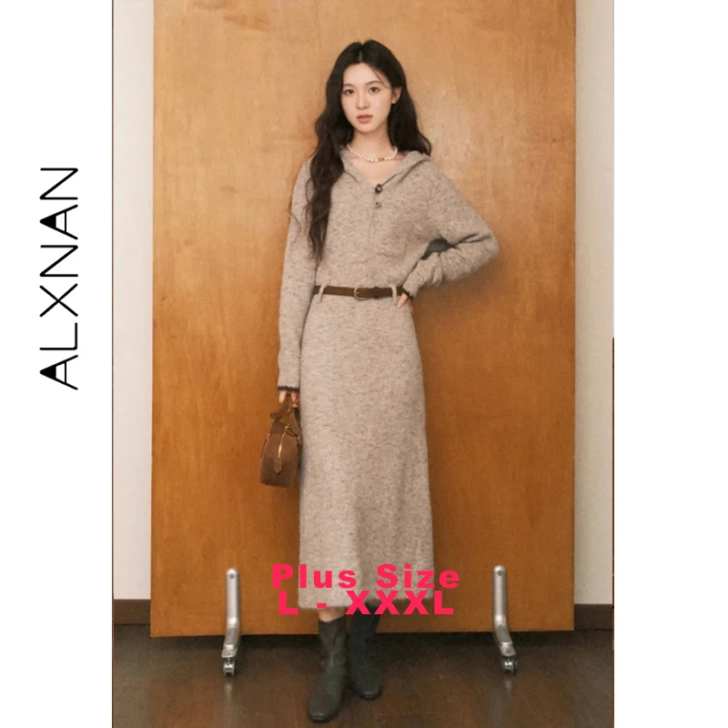 Alxnan plus size vestido 2025 botão com capuz fino-ajuste camadas de malha vestido de manga longa outono inverno roupas femininas d662170