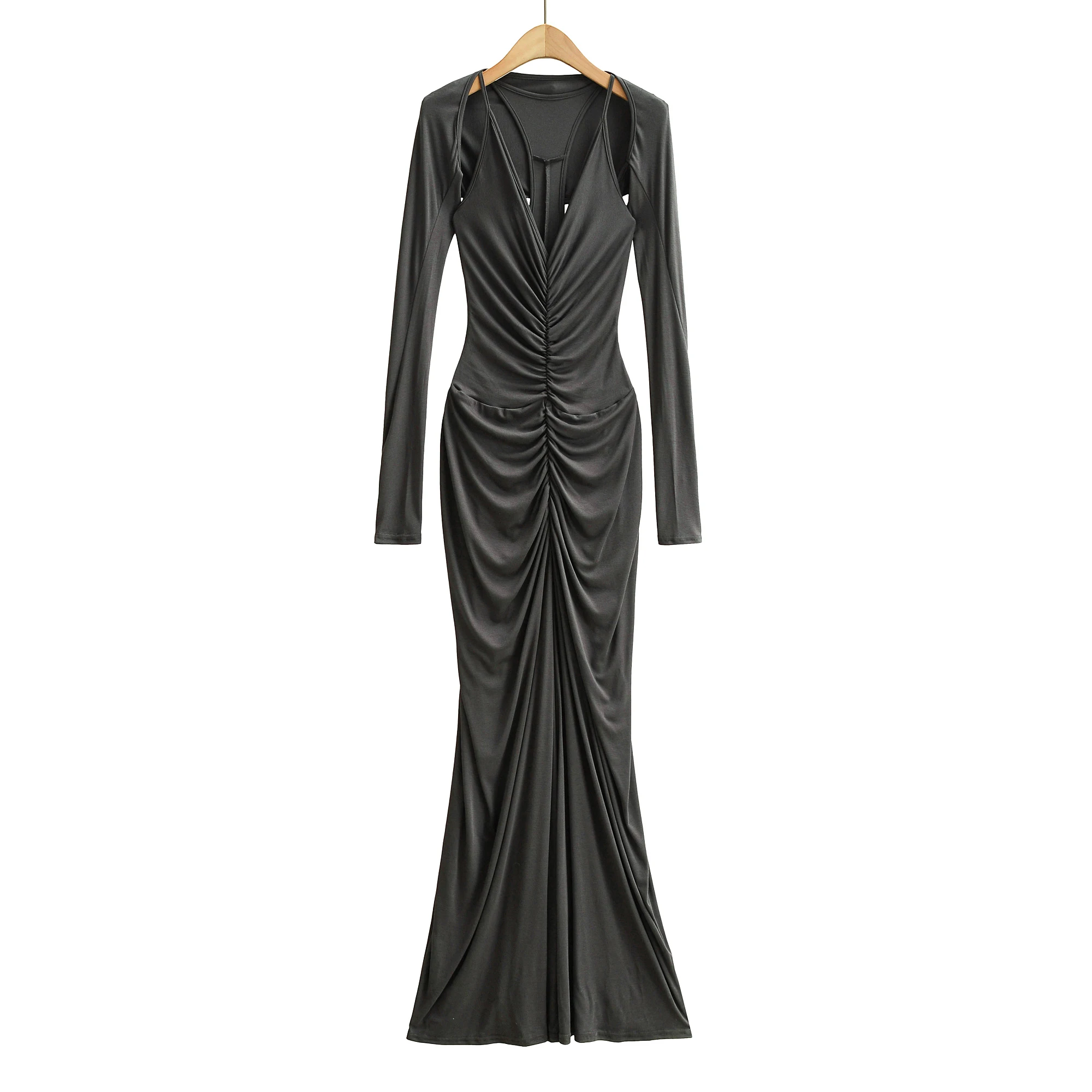 2 Pieces 1 Set Sexy Ruched V Neck Sling Folded Slim Waist Package Hips Maxi Mermaid Dress Long Sleeve Crop Cape 5 Colors