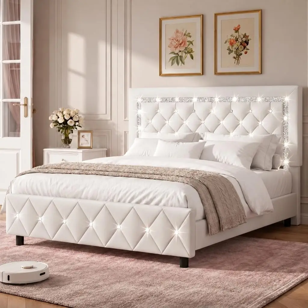 Queen Size Bed Frame with Headboard, Faux Leather Bed with Diamond Tufted Design, Bed Frames Queen with Wood Slats, Customized