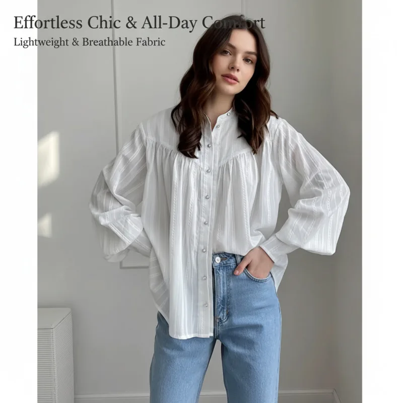 

Chic Women Cotton Long Sleeve Shirt French Design Puff Sleeve Blouse Versatile Elegant Casual Top New Fashion Office Daily Wear