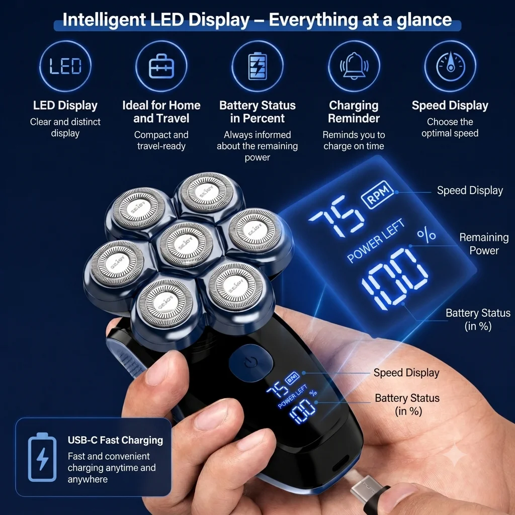 7D Head Shavers for Bald Men,5-in-1 Shaving Grooming Kit for Balder,Wet or Dry Electric Razor,LED Display/Type-C Charge Precision Blades Hair Clippers
