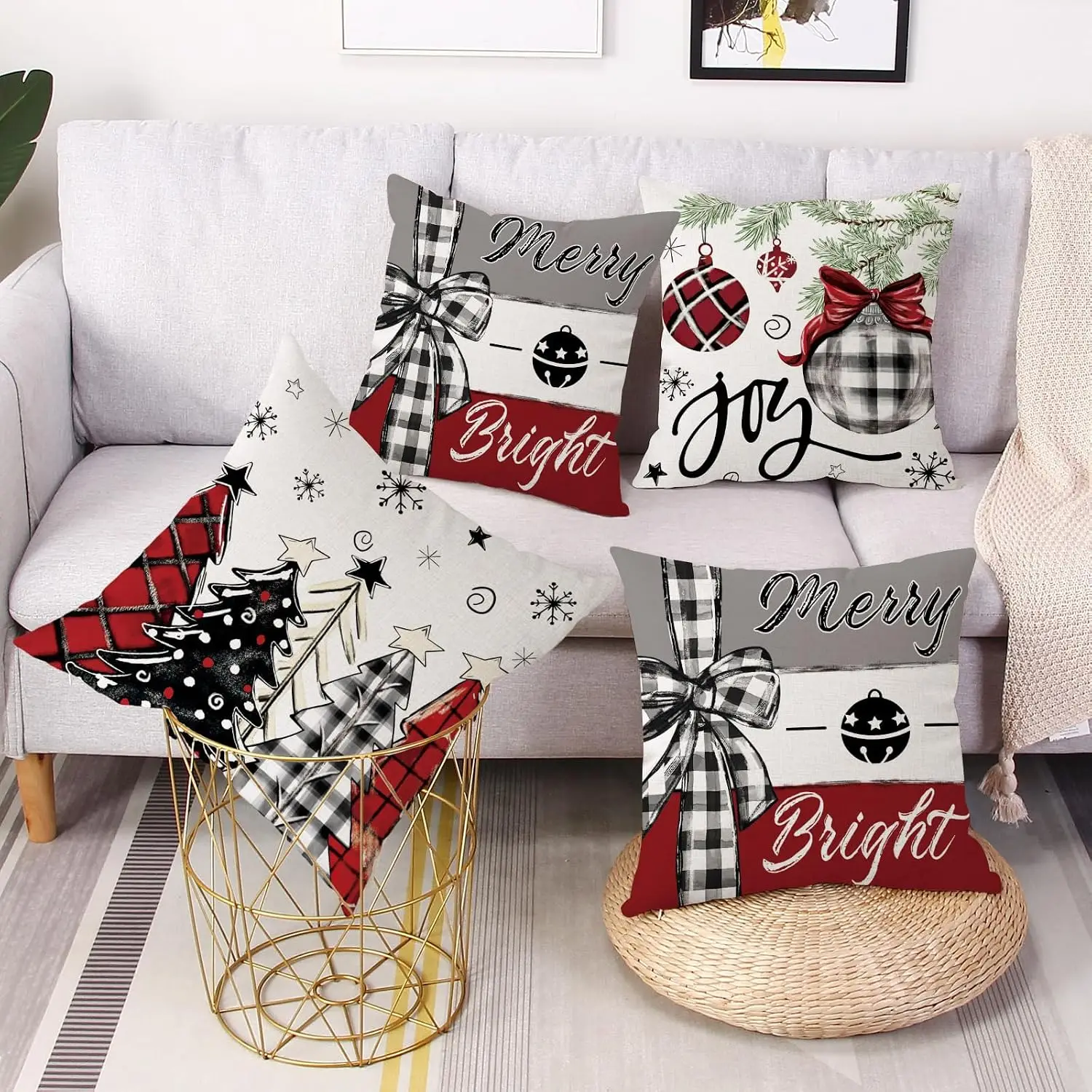 Double Sided Christmas Pillow Covers Set Of 4,Xmas Trees Snowflake Merry Bright Hello Winter Holiday Cushion Cases For Sofa