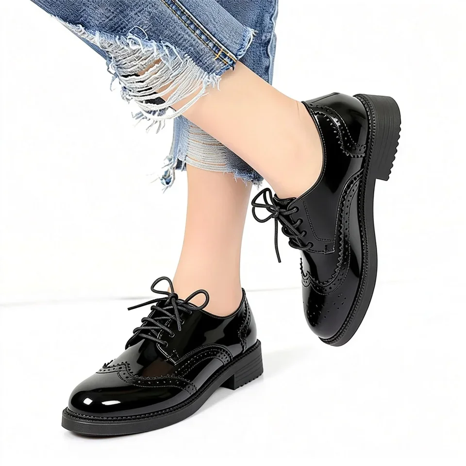 Damen Oxford Flats Brogue Leder Schwarze Büroschuhe Frühling Herbst Bequeme Außensohle Damen Ballett Derby Flats – Detail 15