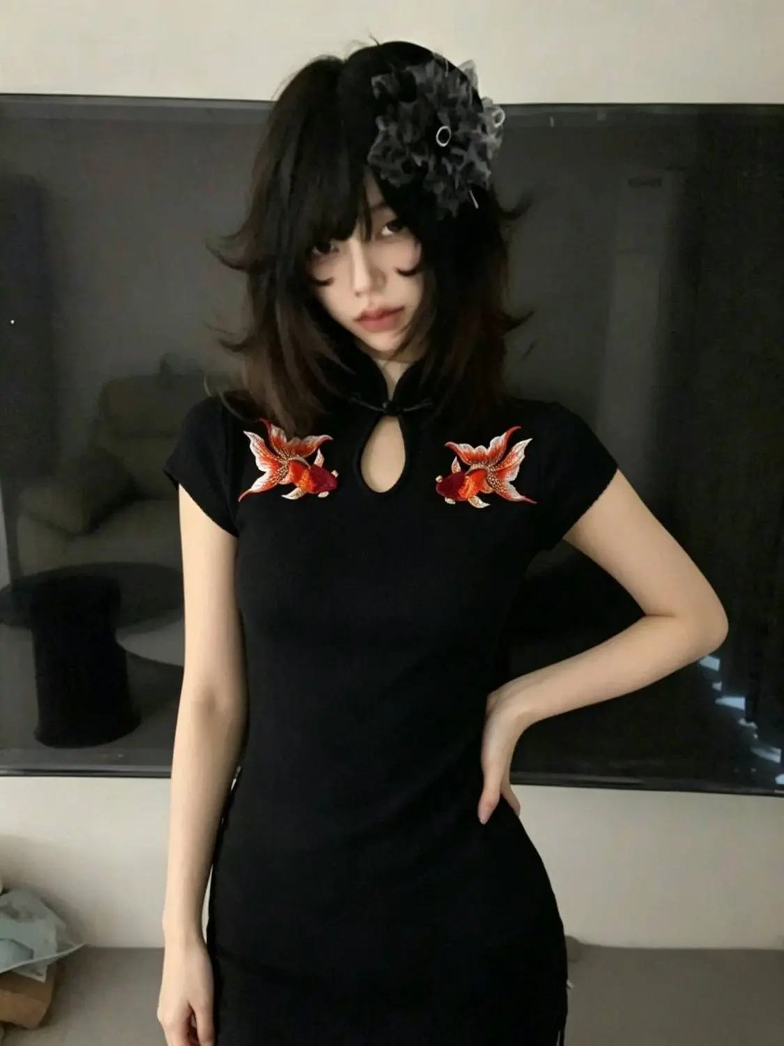 New Chinese Retro High Street Top For Women Millennial Slim Down Cheongsam Short Sleeved T-shirt Koi Fish Embroidery Antique Y2K