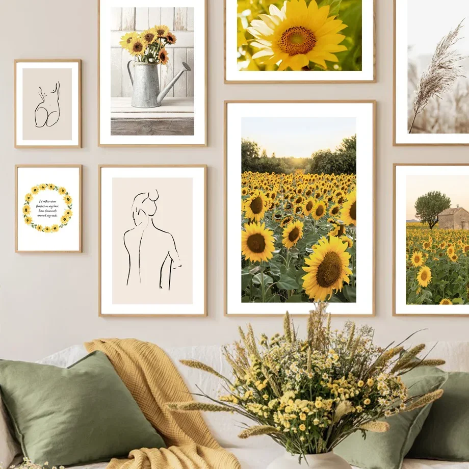 Nordic Posters And Prints Sunflower Sunset Meadow Vase Nude Lines Reeds Wall Art Canvas Painting Decor Pictures For Living Ro