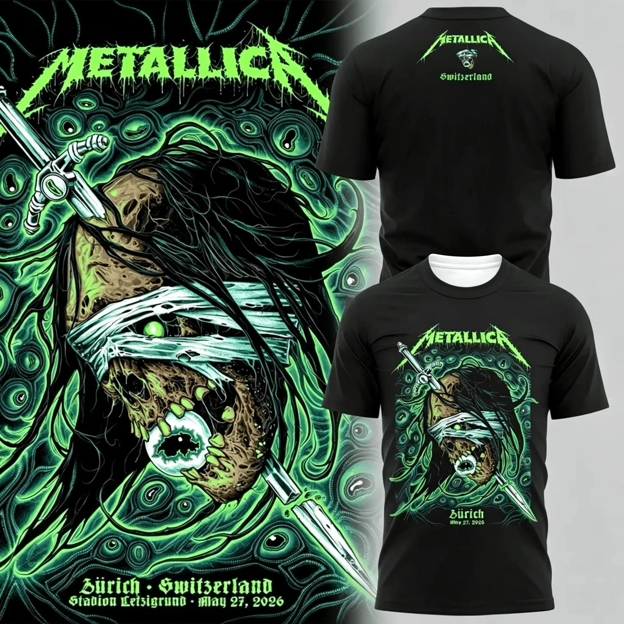 Metallica 2026 Concert T Shirts Zürich Switzerland Tour Heavy Metal Rock Band Green Zombie Suitable for Both Adults and Children
