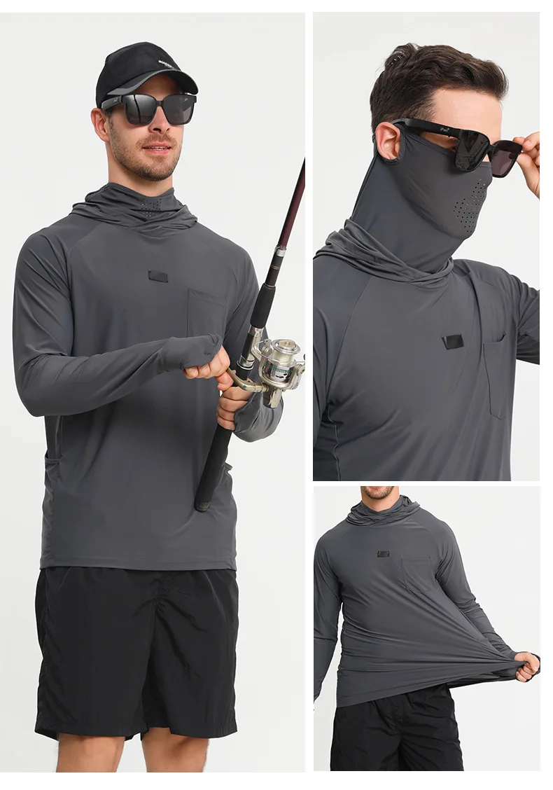 Men Long Sleeve UPF50+Sun Protection Outdoor Water Sports Beach Fishing Clothes Hood UV Sailing Breathable Surfing Swim Shirts