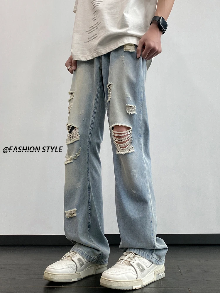 

2025 New Loose Straight Leg Casual Denim Jeans for Men Tear Style American Flare Youth Popular Wear Resistant