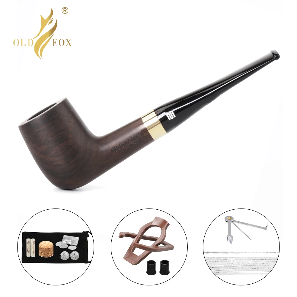 Sandalwood Tobacco Pipe Set para Fumar, Filtro de Madeira Sólida, Dry Ebony, Anel de Ouro, Acessórios com 10 Kits de Ferramentas, Old Fox, Preto, 9mm