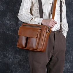 Vintage Mad Horse Leather Crossbody Bag Men's Bun Top Layer Cowhide Shoulder Bag Leather Messenger Bag Casual Crossbody Bag