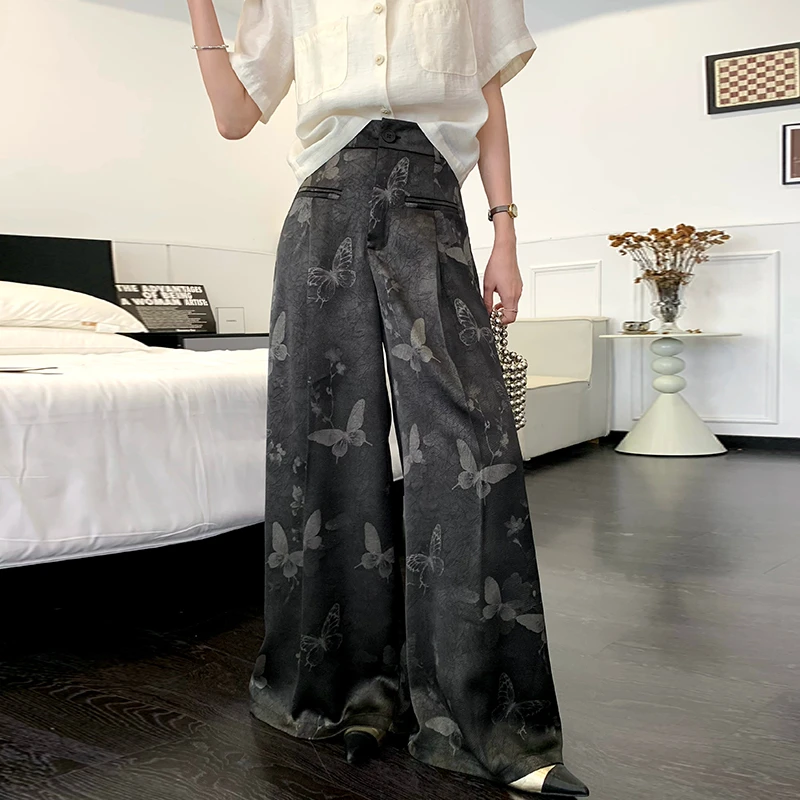 

GUUZYUVIZ Loose Black Butterfly Printed Wide Leg Suits Pants Women Elegant High Waist OL Work Satin Trousers