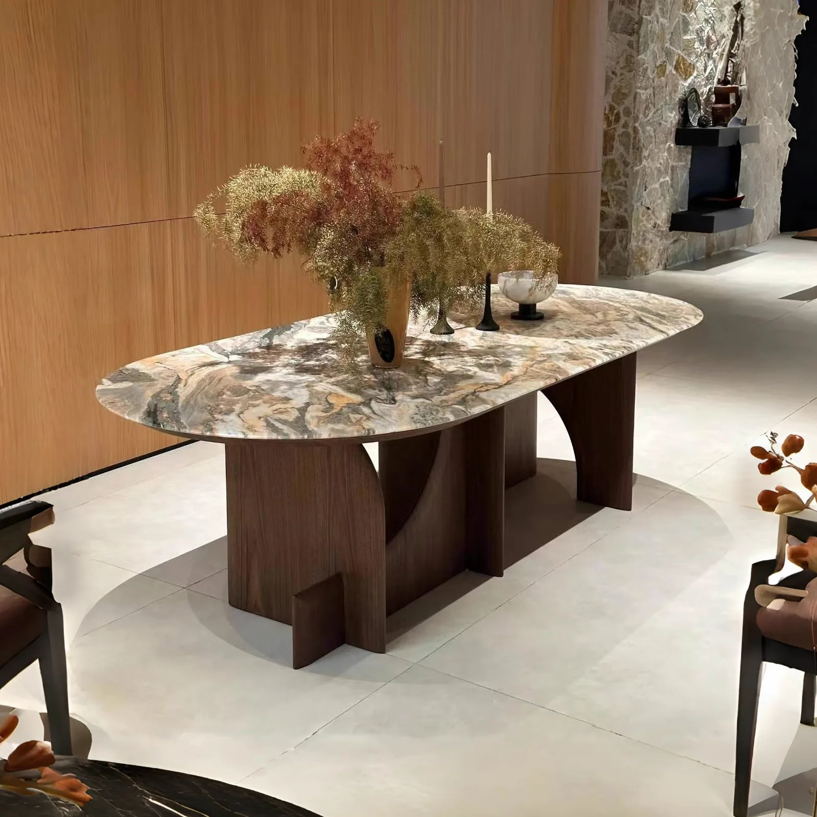 Minimalist Restaurant Black Walnut Luxury Stone Marble Slate Dining Table