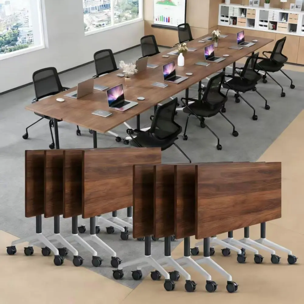 

Adjustable Large Meeting Table for 6-12 People, Mobile Training Table with Walnut Top