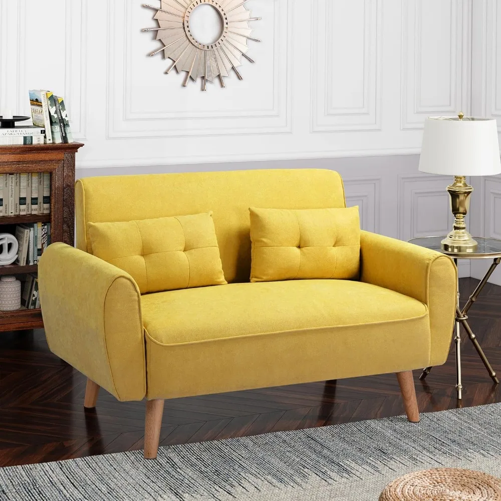 Sofa Sofa Loveseat Modern kecil 47 inci, Sofa 2 kursi berlapis kain, furnitur dudukan cinta dengan 2 bantal, kaki kayu untuk ruang kecil