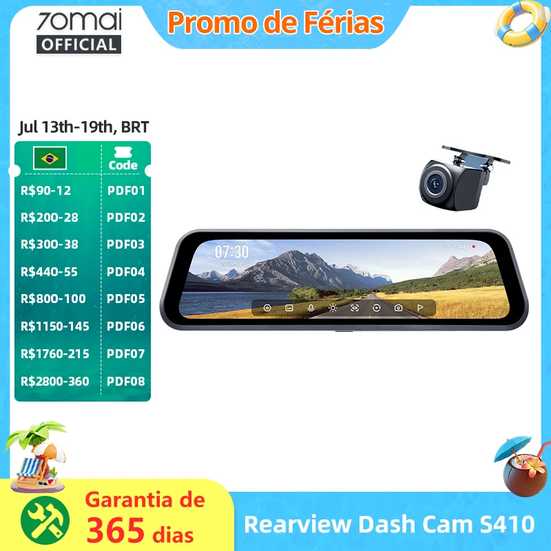 Câmera de Painel Traseiro 70mai S410 com Tela Espelho de 9.35\", Frontal 2K e Traseira 1080P, Abertura F1.55, Supercapacitor, Proteção 24/7