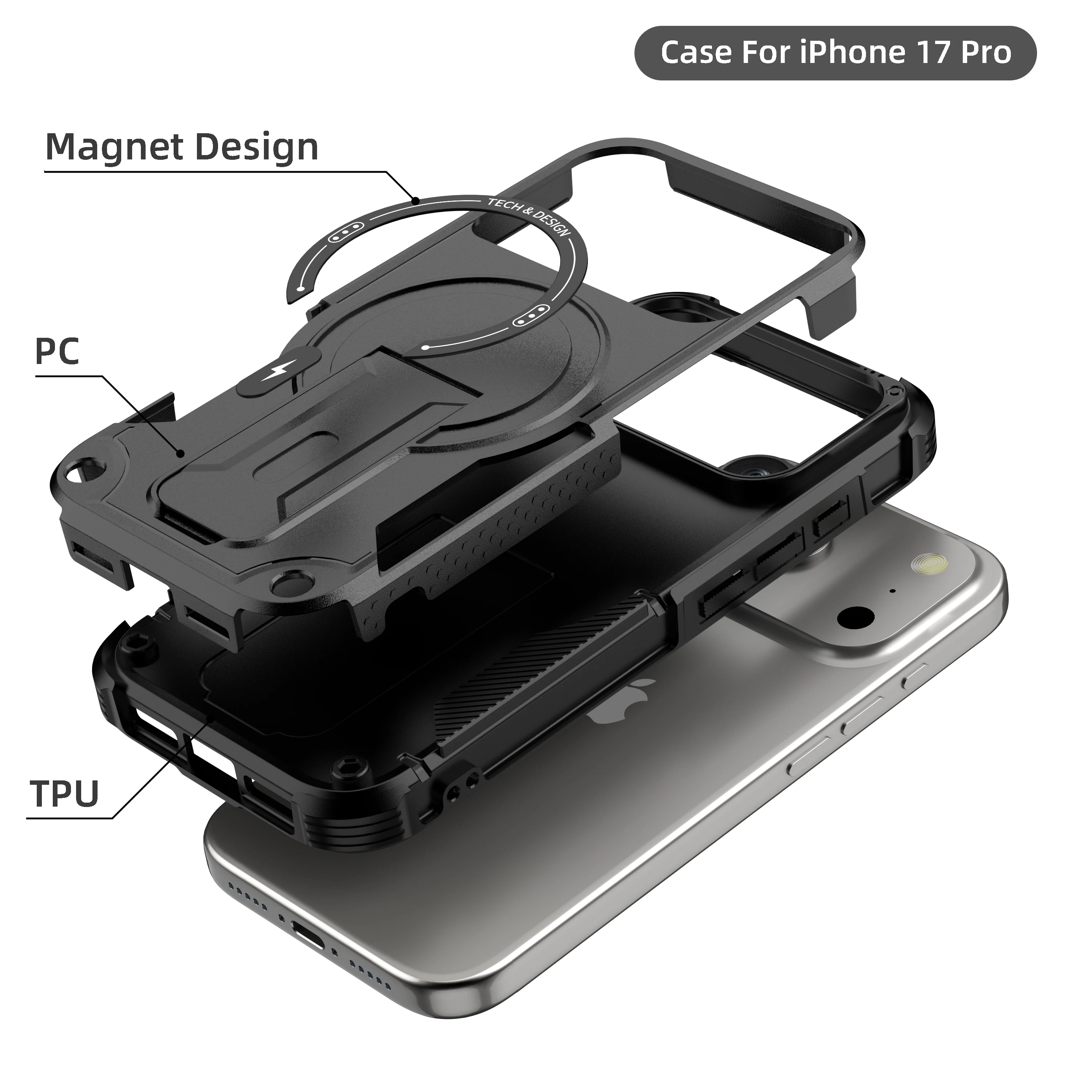 Suporte dobrável armadura magnética caso de telefone para iphone 17 ar 16e 16 15 14 plus 13 12 pro max 11 suporte invisível capa dura