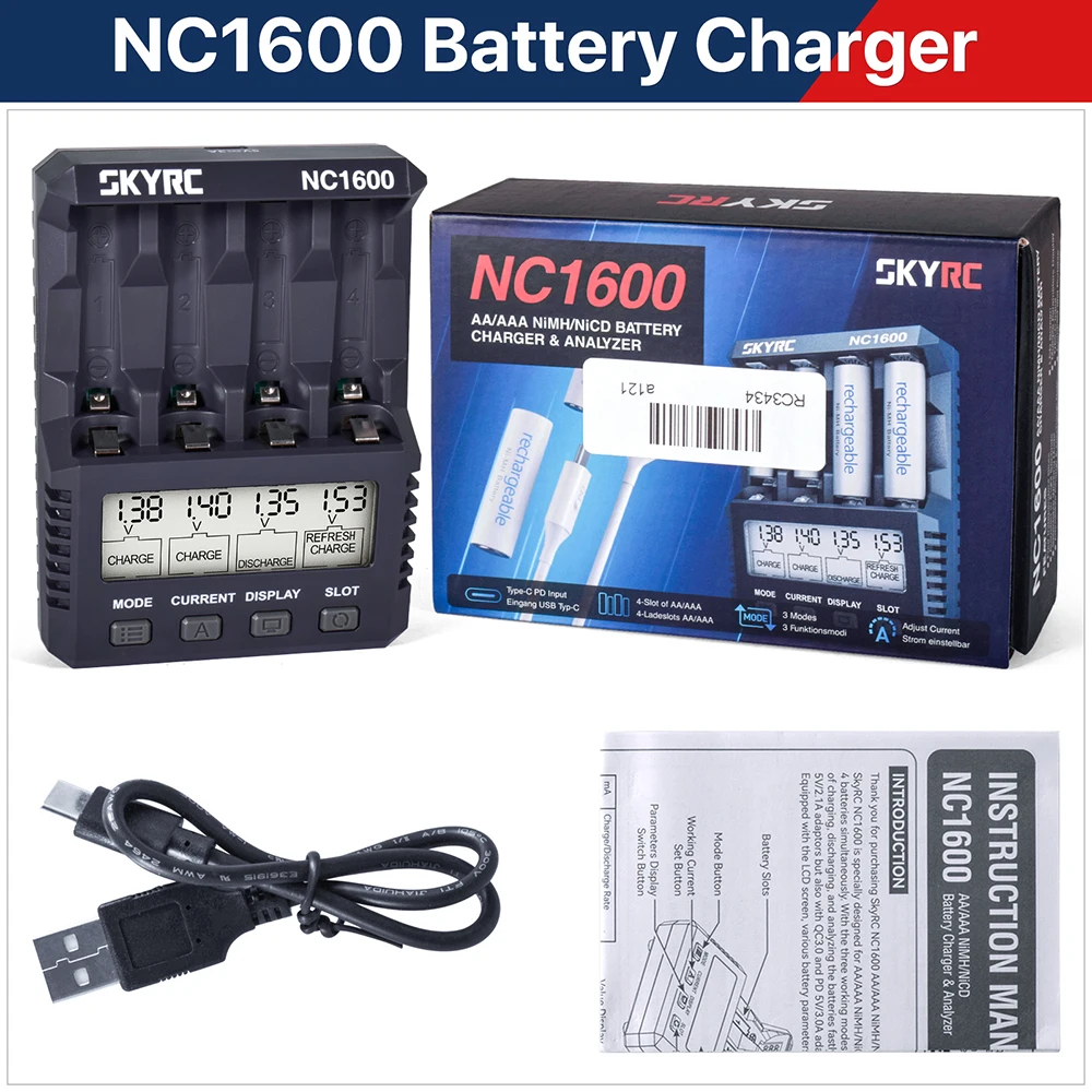 

SKYRC NC1600 Зарядное устройство для аккумуляторов AA/AAA, разрядка для 4-х NiMH аккумуляторов AA, зарядное устройство Pro для двойных аккумуляторов