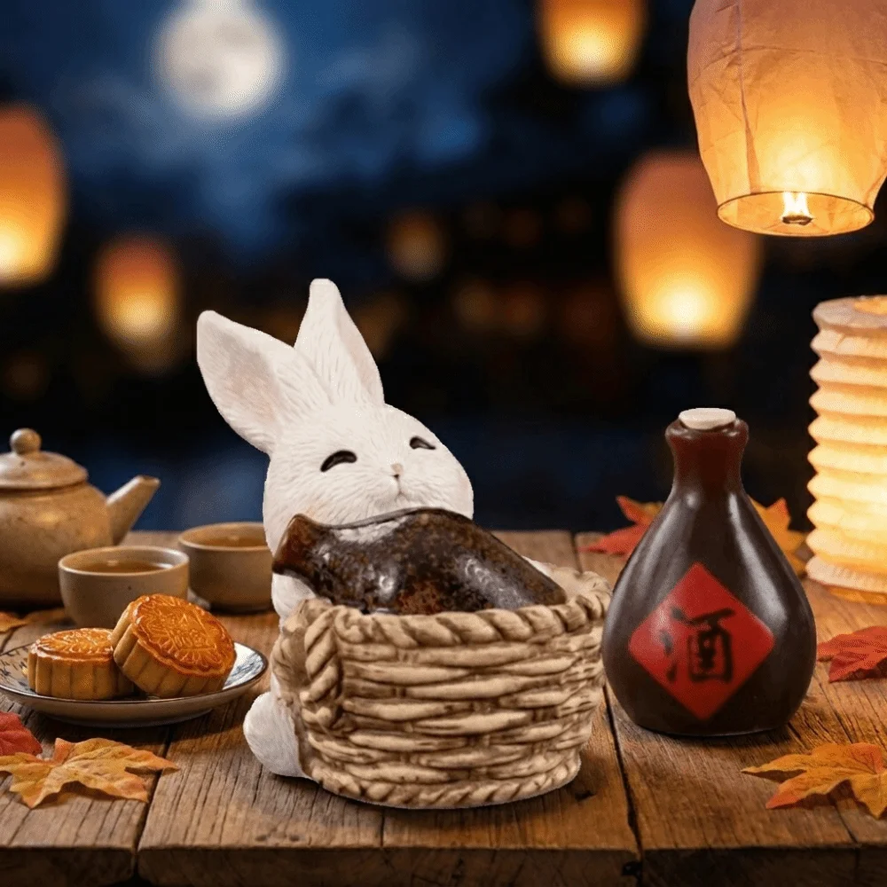 Resin Mini Ornaments Mooncake Bottle Micro Landscape Decor Small Statue White Rabbit Mid-Autumn Festival Desk Figurines