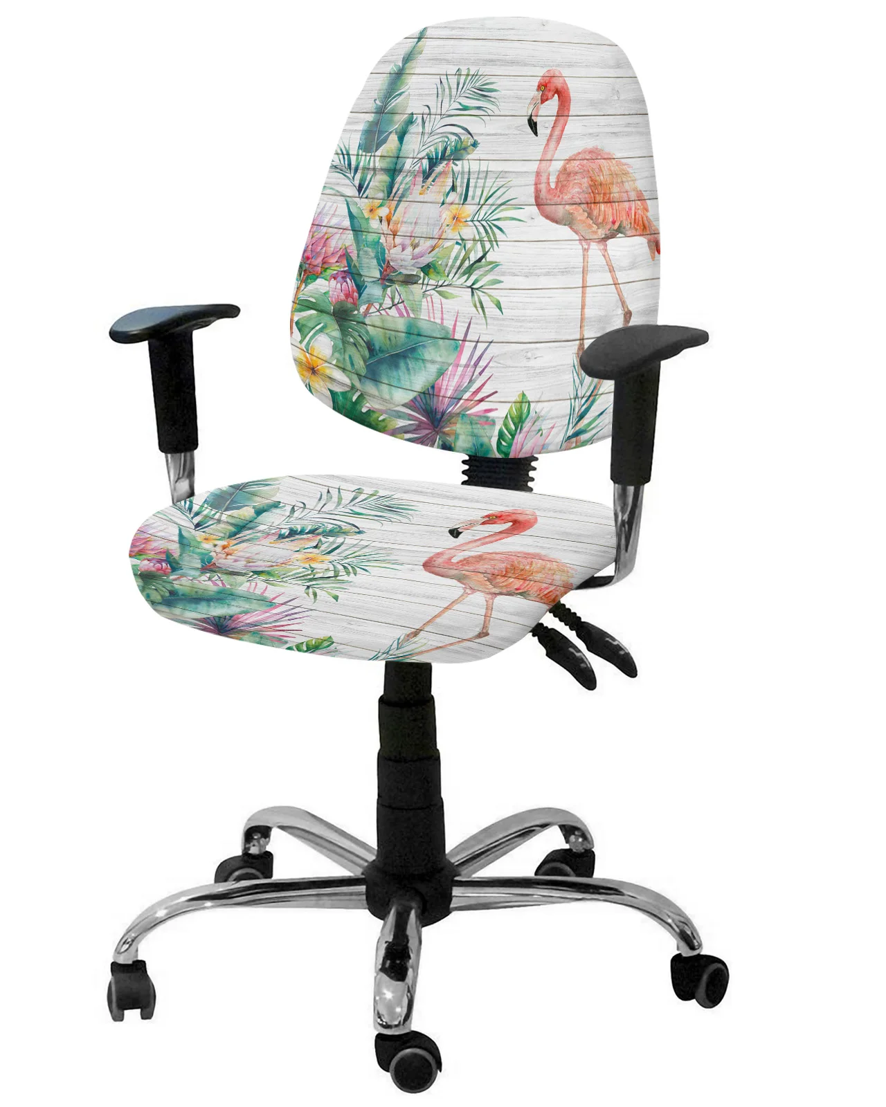 Flamingo Tropical Plant Wood Elastic Armchair Computer Chair Cover Stretch Removable Office Chair Slipcover Split Seat Covers