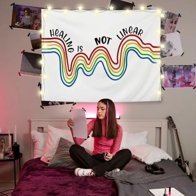 VIKAMA Healing Is Not Linear Rainbow Wave Wall Tapestry White Colorful Curved Line Mental Health Quote Therapy Bedroom Living