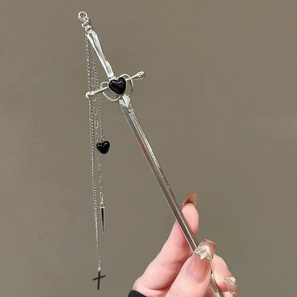 2026 New Sword Hairpin for Women Punk Silver Color Metal Hair Stick with Heart Cross Tassel Vintage Headdress Hair Accessories